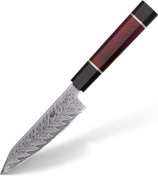 FINDKING 5 Inch Damascus Paring Knife, Compact and Versatile Blade for Fruit and Small Kitchen Cutting, Versatile Utility Pairing Knife, Portable for Travel, Picnic and Bar Use (Samurai Series)