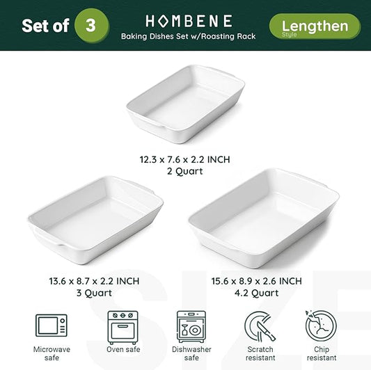 Casserole Dishes for Oven, Ceramic Baking Dishes Set of 3 with Roasting Racks, Rectangular Lasagna Pan with Handles for Baking, Gift, Dinner Microwave Oven Safe(2QT/3QT/4.2QT)