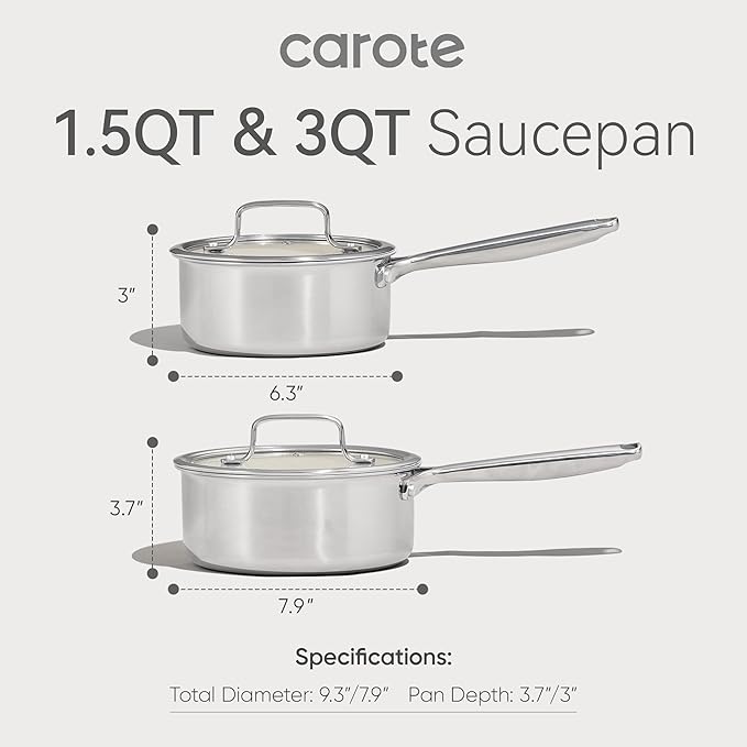 CAROTE 1.6Qt & 3.0Qt Stainless Steel Saucepan Set, Ceramic Pot Sets Non-Stick Non-Toxic Kitchen Cookware, Small Cooking Pots with Lids, Oven Safe, Induction Sauce Pan, Even Heating