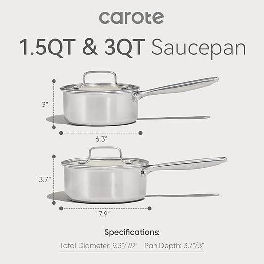 CAROTE 1.6Qt & 3.0Qt Stainless Steel Saucepan Set, Ceramic Pot Sets Non-Stick Non-Toxic Kitchen Cookware, Small Cooking Pots with Lids, Oven Safe, Induction Sauce Pan, Even Heating