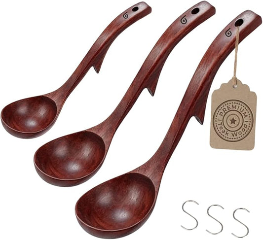 Boxiki Kitchen Luxury Teak Wood Ladle Set of 3 – Chef-Grade, Eco-Friendly Wooden Cooking Utensils with Reinforced Neck Joint & Anti-Slip Notch Handle – Multi-Size, Gift-Ready Ladle Spoons Set