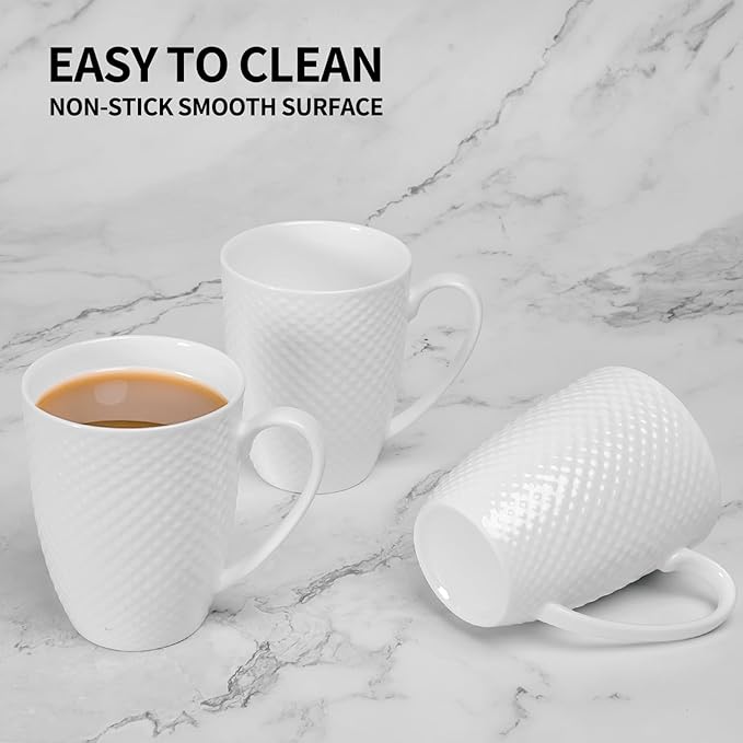 12 Oz Coffee Mugs Set of 6, Fine Bone China Mugs, White Ceramic Coffee Cups, Rhombus Relief Texture, Lightweight Tea Mugs for Latte, Hot Cocoa, Women, Men