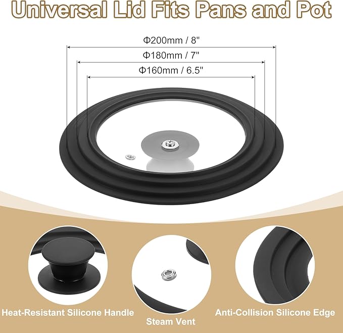 uxcell 1Pcs Universal Lid for Pot Fit 6.5, 7, 8 Inch Diameter Cookware, Replacement Pan Lids with Heat Resistant Silicone Rim, Steam Vent Pan Lid for Pots, Frying Pans, Skillets, Black