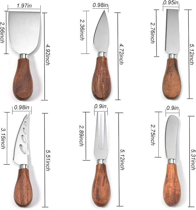 Exquisite 6-Piece Cheese Knives Set, Stainless Steel Cheese Knife Set Collection (Acacia Wood Handle)