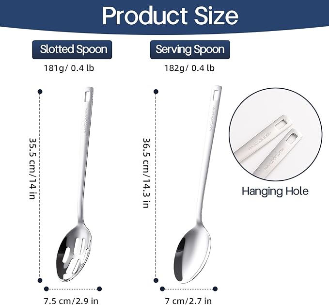 18/8 Stainless Steel Cooking Spoons Set - 2-Piece Solid Slotted Serving Spoon Cooking Utensils set for Pasta, Veggies, Salads (Dishwasher-Safe)