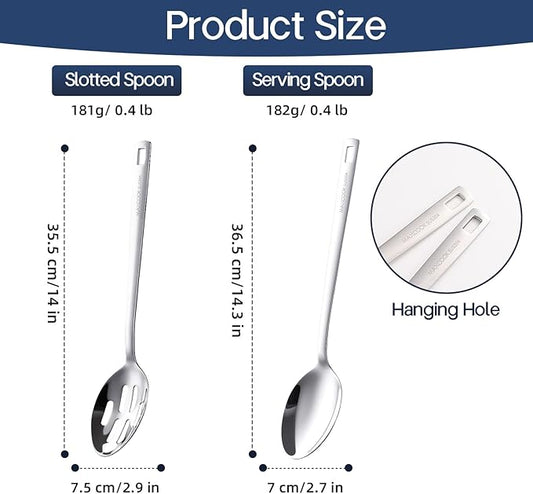 18/8 Stainless Steel Cooking Spoons Set - 2-Piece Solid Slotted Serving Spoon Cooking Utensils set for Pasta, Veggies, Salads (Dishwasher-Safe)