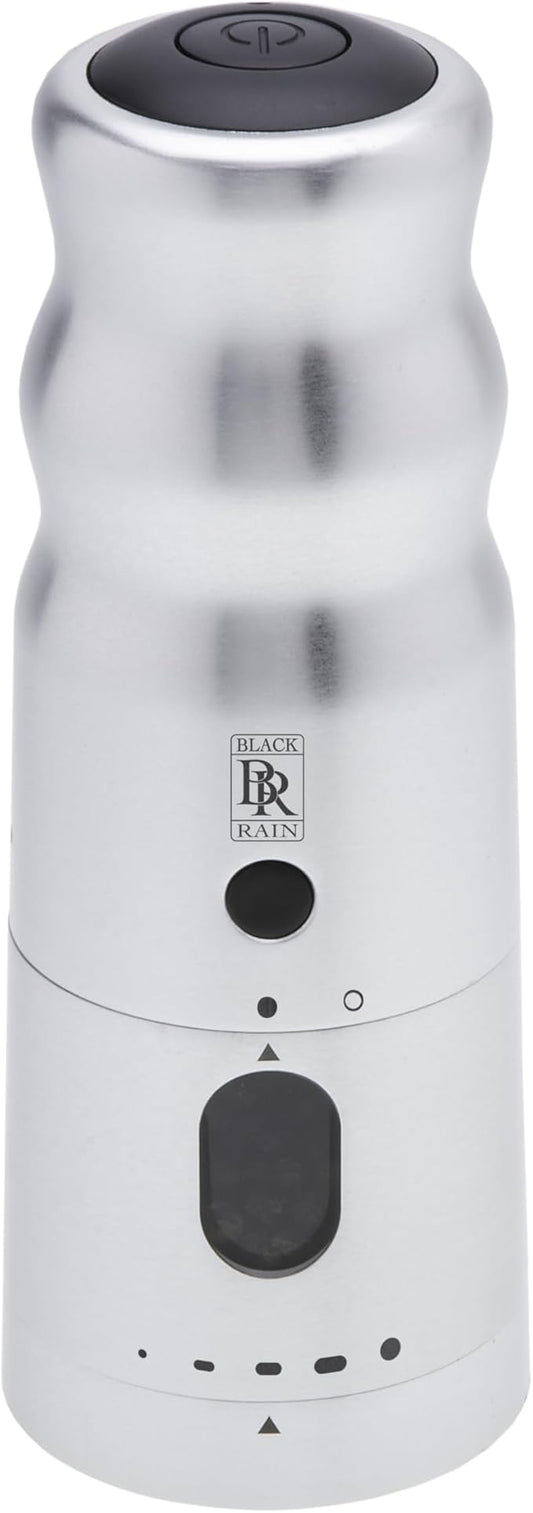 BLACK RAIN Pepper Mill Grinder, Adjustable Coarseness, Rechargeable Pepper Grinder with LED Light, Heavy Duty Professional Grade Electric Peppercorn Grinder (Brushed Silver)