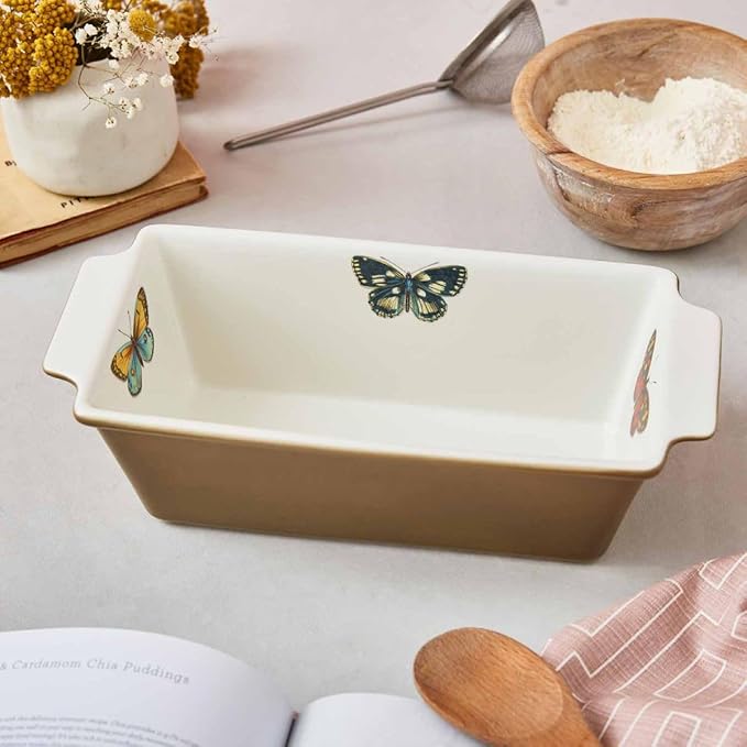 Portmeirion Botanic Garden Harmony Large Loaf Pan (11" x 5.5") - Porcelain Bakeware with Bee Motif, Farmhouse Style Kitchenware - Oven, Freezer, Microwave, & Dishwasher Safe (Moss Green)