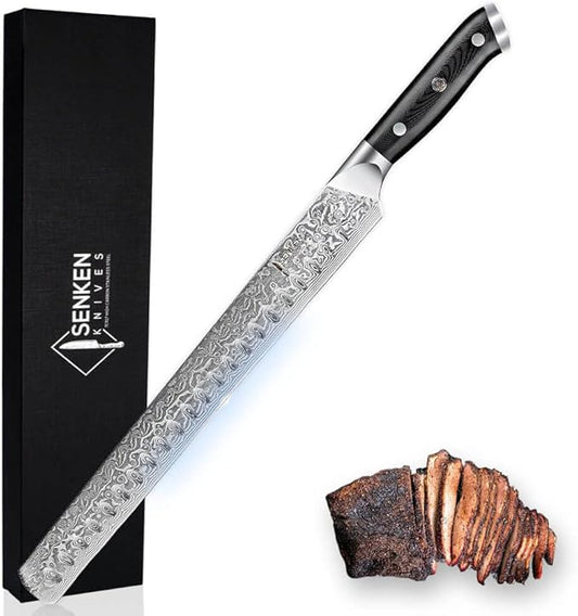 SENKEN 12" Damascus Steel Brisket Knife - Shogun Collection - 67-Layer Japanese VG10 Steel w/Full-Body G10 Military Grade Handle - Ultra Sharp Carving Knife for Brisket, Meat, Roasts, and Large Fruit