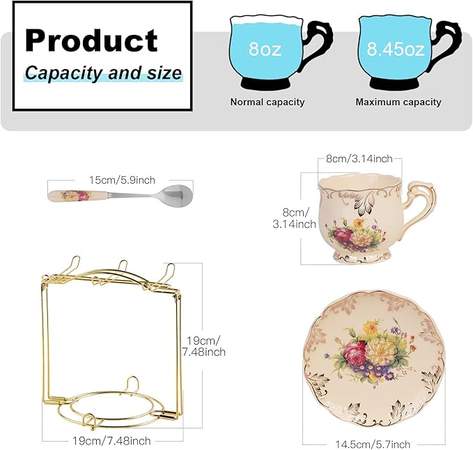 YOLIFE Tea Cups and Saucers Set of 6, Ivory Porcelain Tea Cups Set with Stand, Floral with Gold Leaves Trim Design, Gift for Women (Includes Gift Box, Tote Bag, Greeting Card)