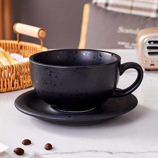 Vintage Design 12 oz Ceramic Latte Art Cappuccino Barista Cup with Saucer (Facular Black)