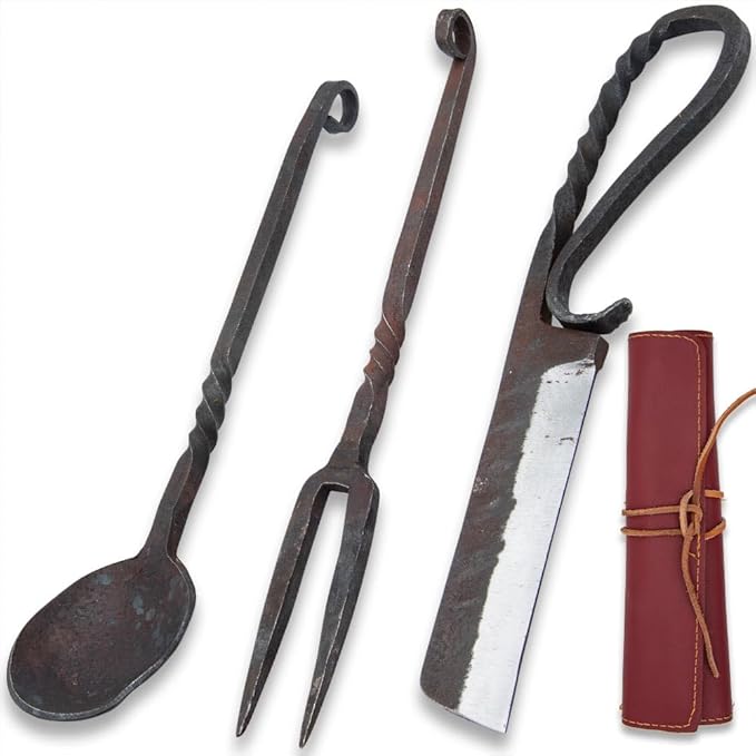 The Ironsmith Co. Pioneer Dining Set | Hand-Forged High-Carbon Steel | Blackened Antique Finish | Twisted Handle Design | Includes Knife, Spoon, Fork | Folding Leather Storage Pouch | 8" Overall