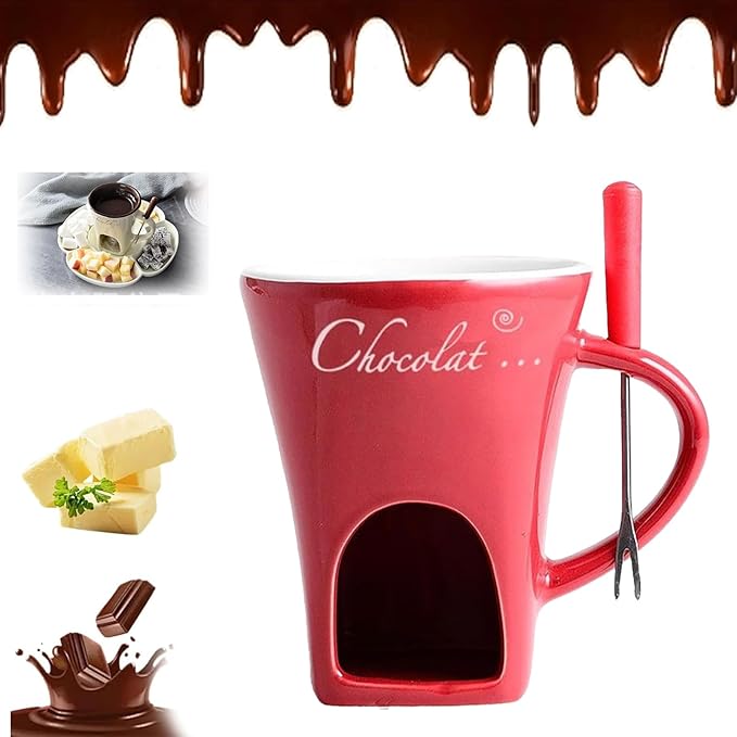 Chocolate Melting Fondue Mugs Set With Forks,Sweet Fondue Cup,Chocolate Fondue Mugs with Forks,Chocolate Melting Mug,Ceramic Cheese Mug,Birthday,Wedding Gifts (Red)
