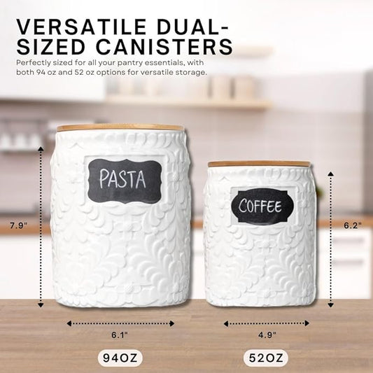 Ceramic Canister Set for the Kitchen Set of 2 - 94/52 Oz - Food Storage Containers, Airtight Bamboo Lid, Decorative Flour Sugar Coffee Canister, Food Container for Coffee, Flour, Sugar, Cookie Jar