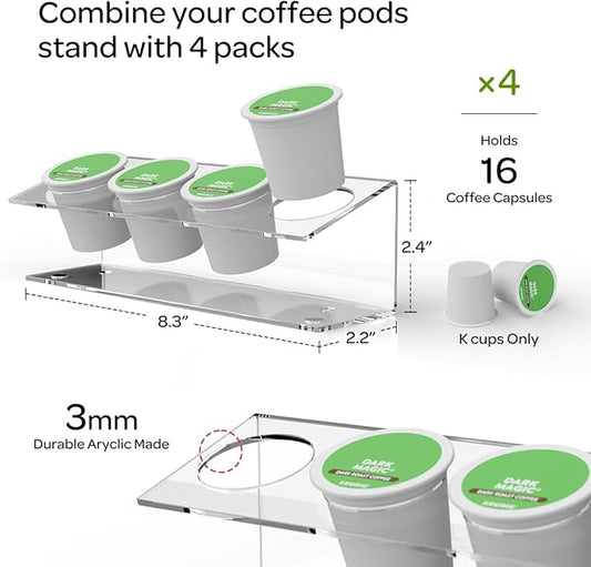 K Cup Holders, Acrylic Coffee Pods Organizer Stand Magnetic & Self-Adhesive for Kitchen Wall, Cabinet, Fridge (4 Pack for 16 Pods)