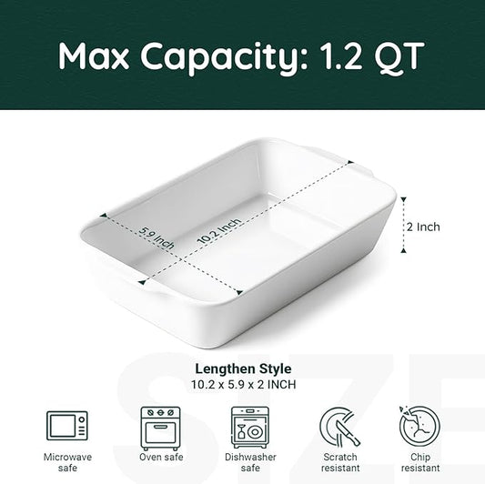 1.2 QT White Casserole Dish,Small Ceramic Baking Dish, Lasagna Pan for Oven, Bakeware for Baking, Kitchen Decor, Microwave Oven Safe, Dinner Party(5.9" x 10.2")