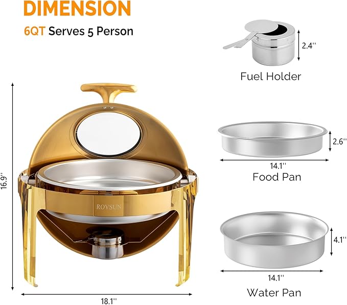 ROVSUN 6 QT 2 Packs Round Chafing Dish Buffet Set, Roll Top NSF Stainless Steel Buffet Warmer Chafers and Buffet Warmers Sets with Thick Frame for Catering Events Parties Weddings Dinners,Gold
