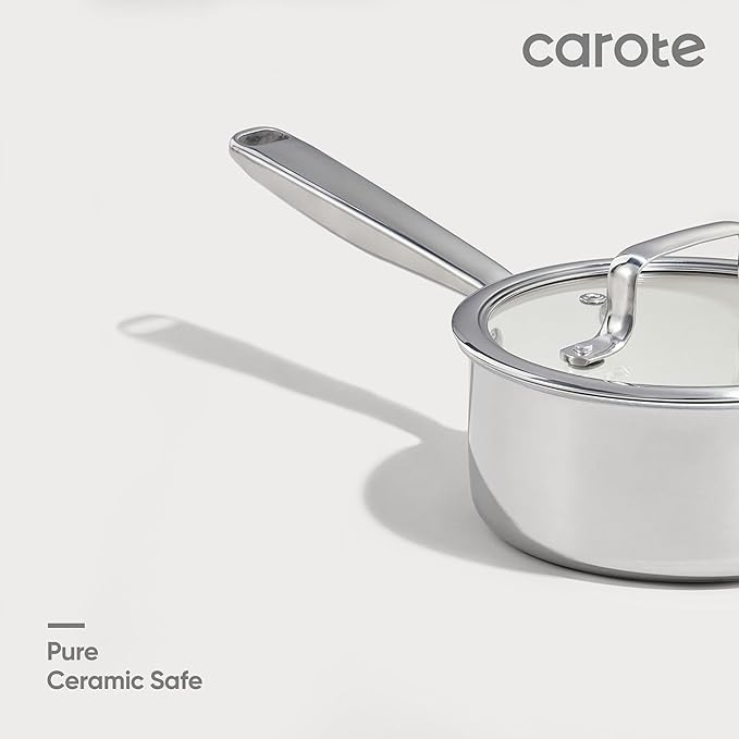 CAROTE 1.6Qt & 3.0Qt Stainless Steel Saucepan Set, Ceramic Pot Sets Non-Stick Non-Toxic Kitchen Cookware, Small Cooking Pots with Lids, Oven Safe, Induction Sauce Pan, Even Heating