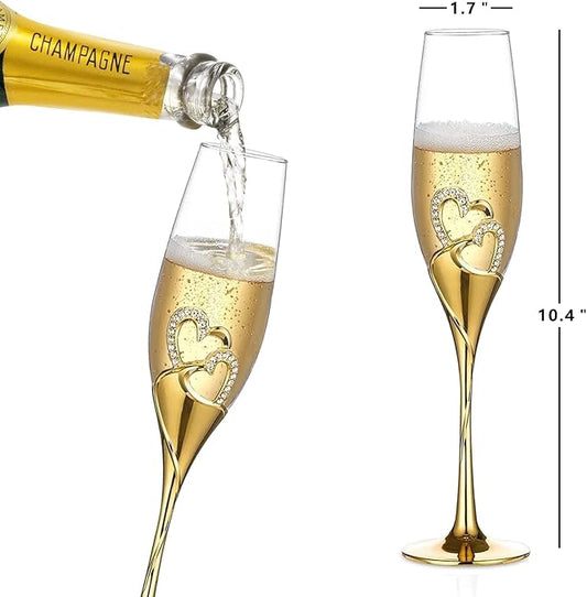 Gold Crystal Champagne Flutes and Cake Knife Set, Includes Wedding Toasting Glasses and Cake Cutting Tools for Bride and Groom’s Reception or Anniversary (Gold)