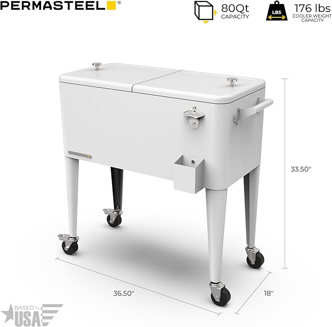 Permasteel 80 Quart Party Cooler, Rolling Ice Chest with Wheels and Handles for Indoor Outdoor Patio