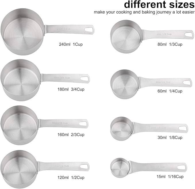 Measuring Cups and Spoons Set, 18/8 Metric & US Stainless Steel 8 Measuring Cups & 9 Spoons with 1 Leveler & 1 Measurement Conversion Chart for Baking & Kitchen