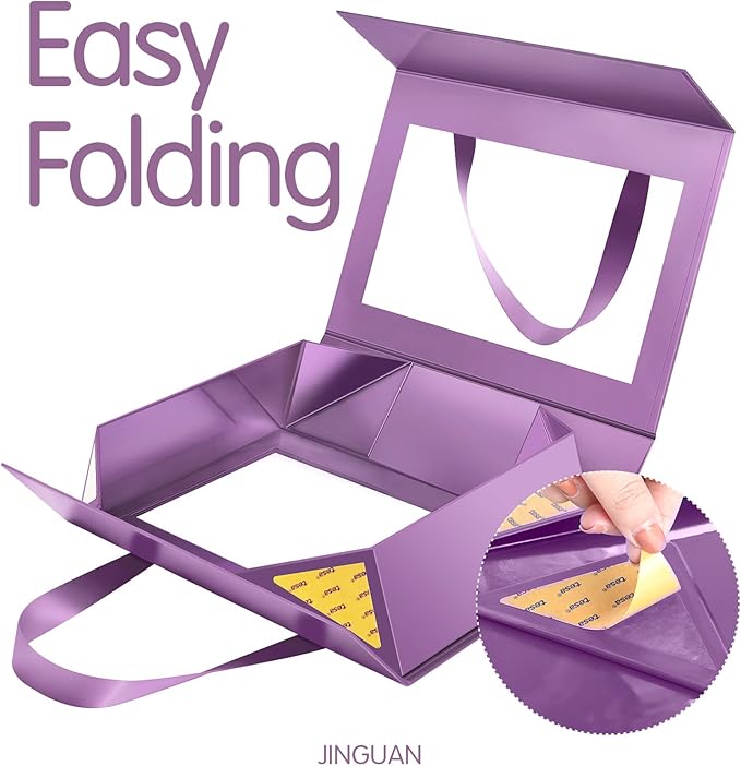 5 Purple Gift Boxes with Windows, Gift Boxes with Lids and Handles, Clear Magnetic Gift Boxes for Presents, Bridesmaid Proposal Boxes (10.5x7.5x3 Inches