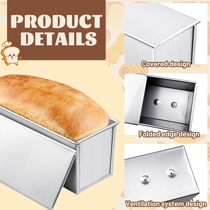 2 Pcs Pullman Lidded Bread Pan,Non-Stick Bread Pan, Dough Capacity Bread Pans (with Lid),Quick Release Coated Breads Pans for Home Bakeware Breads Toast Oven Baking (Silver)