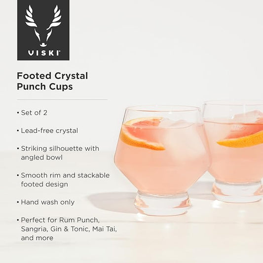 Viski Raye Footed Crystal Punch Cups Set of 2 - Premium Crystal Clear Glass, Stemless Heavy Base Punch Cocktail Glass Gift Set, 8 oz