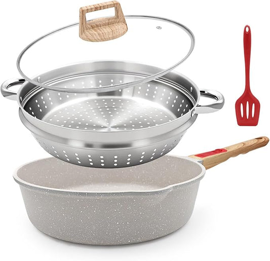 11 Inch Nonstick Deep Frying Pan with Lid, 4-Pc Set - (4.5 Qt Saute Pan with Lid, Steamer/Strainer Basket, Silicone Spatula), Skillet with Detachable Handle, Oven Safe, Non-Toxic