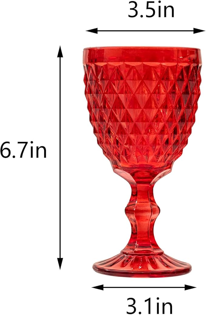 24 Pcs Vintage Wine Glasses, 10 Ounce Colored Glass Water Goblets, Unique Embossed Pattern High Clear Stemmed Glassware Wedding Party Bar Glass Drinking Cups, Diamond Red Glasses Set of 24
