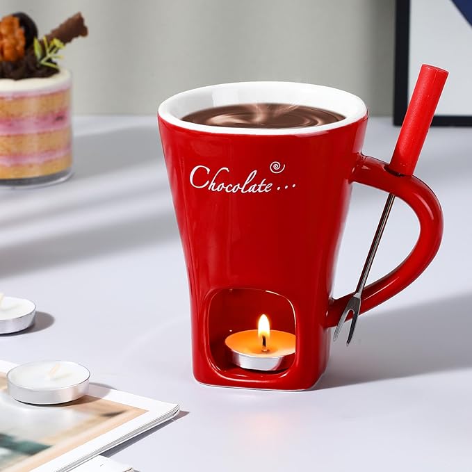 Honeydak Chocolate Fondue Mug with Fork and Candle Sweet Ceramic Personal Chocolate Melting Cup Chocolate Fondue Mug Ideal Gifts for Birthday Date Night Birthday Wedding Gifts(Red)
