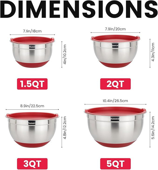 MARSKITOP Stainless Steel Mixing Bowls with Lids Set, Nesting Mixing Bowls with Airtight Lids, Measurement Marks and Red Non-Slip Bottoms, Great for Mixing and Serving, Size 5, 3, 2, 1.5QT