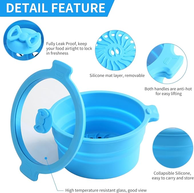 Collapsible Silicone Microwave Cookware Cooker Steamer for Cooking with Lids, 0.8L and 1.4L Glass Food Storage Container Sealed Bowl Mixing Bowls 2pc Set BPA Free