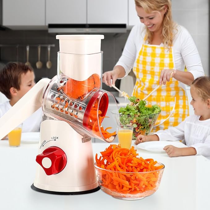 Ourokhome Rotary Cheese Grater Hand Crank, Kitchen Shredder Speed Mandolin Slicer Nuts Grinder with Handle and Drum Blades for Cheese, Vegetable, Chocolate, Potato, Carrot, 3 Blades, White Red