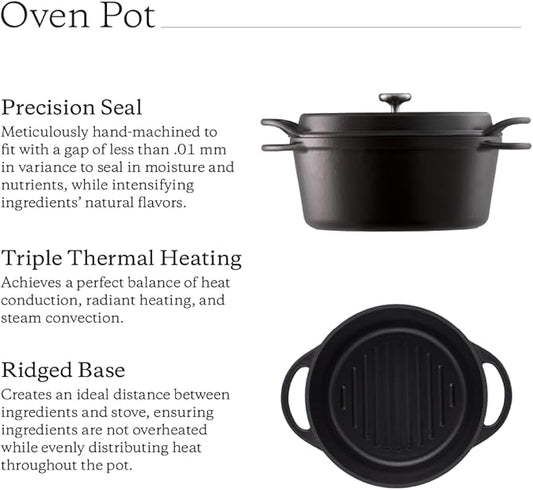 Vermicular Oven Pot | Non-Toxic Enameled Cast Iron Pot | 22cm (3.7 Qt) | Oven-safe | Induction-compatible | Dutch Oven | Made in Japan | Serves 3-4 | Matte Black