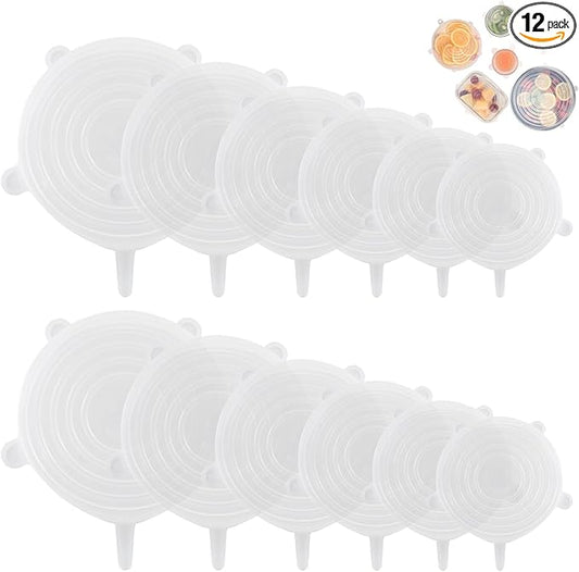 Silicone Stretch Lids – 12 Pack Reusable Food Covers,Flexible Silicone for Bowls, Containers, Fruits – Airtight & Leakproof Seal for Kitchen Storage (Transparent)