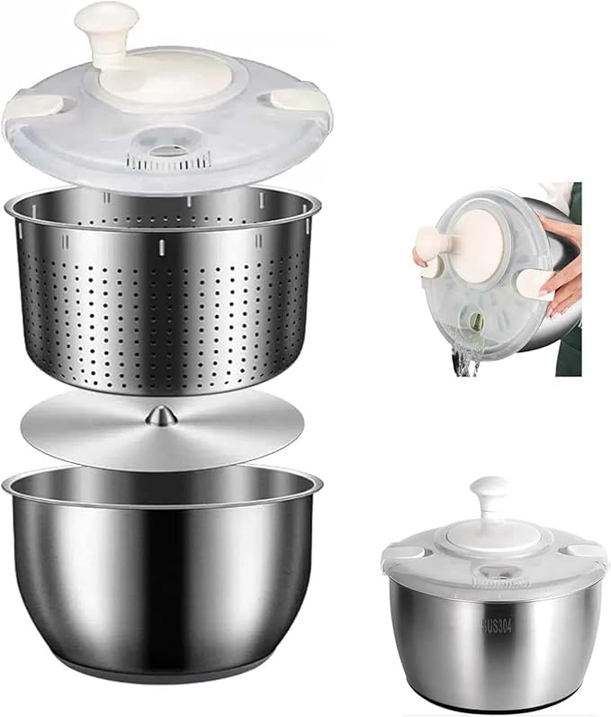 Salad Spinner, Large Stainless Steel Vegetable Washer, 5.3 Qt Plastic Lid for Washing Pasta and Fries, Durable Kitchen Tool