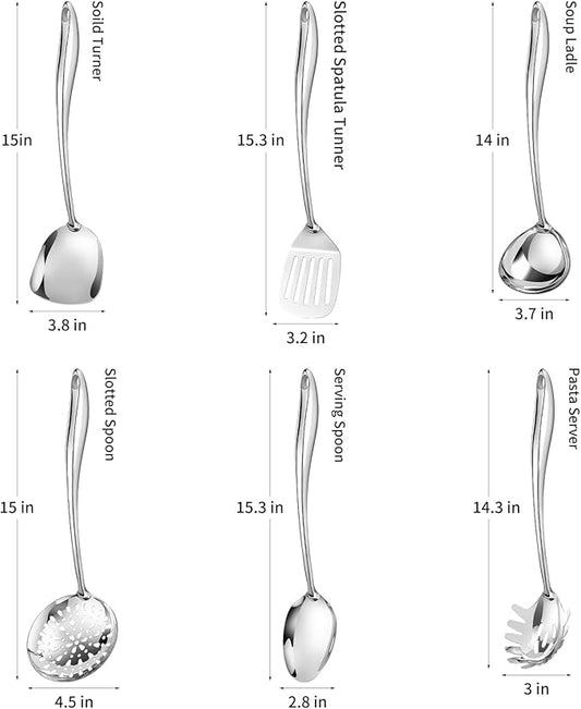 304 Stainless Steel Cooking Utensils Set,6 Pcs Long Metal Kitchen Utensils Set with Spatula, Solid Spoon, Ladle, Skimmer, Spaghetti Spoon,Dishwasher Safe