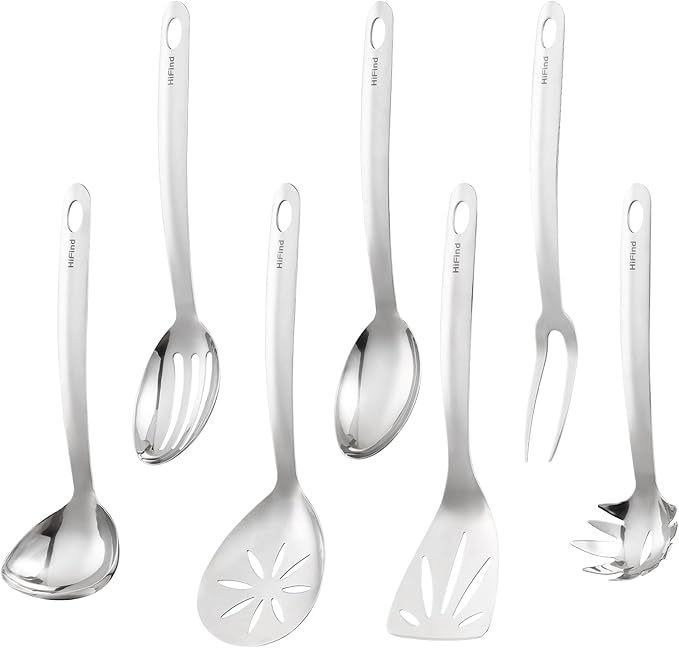 Stainless Steel Cooking Utensils Set, 7PCS Kitchen Utensils Set, Durable Kitchen Utensils - Meat Fork, Solid Serving Spoon, Ladle, Pasta Fork, Skimmer, Slotted Serving Spoon, Slotted Spatula