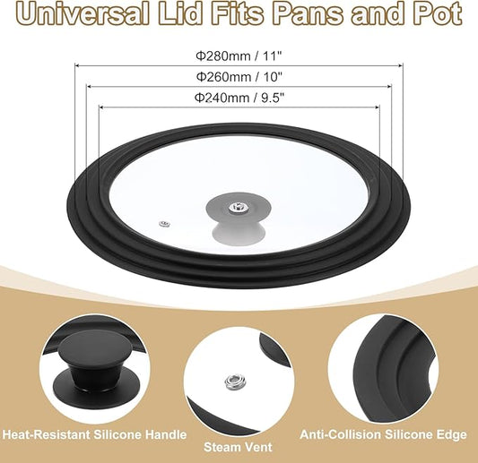 uxcell 1Pcs Universal Lid for Pot Fit 9.5, 10, 11 Inch Diameter Cookware, Replacement Pan Lids with Heat Resistant Silicone Rim, Steam Vent Pan Lid for Pots, Frying Pans, Skillets, Black