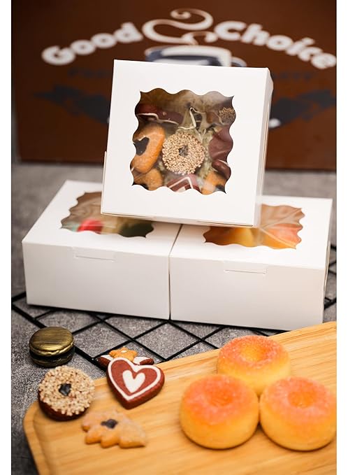 Bakepacker 60pcs White Bakery Boxes with Window 6x6x3 inches Thick & Sturdy Macaroon Pastry & Cookie Boxes