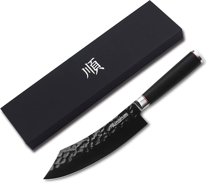 YOUSUNLONG Butcher Knife - 8 Inch Meat cleaver - Japanese AUS8 Black Titanium Nitride Coated Steel - Super Sharp - Natural Ebony Handle