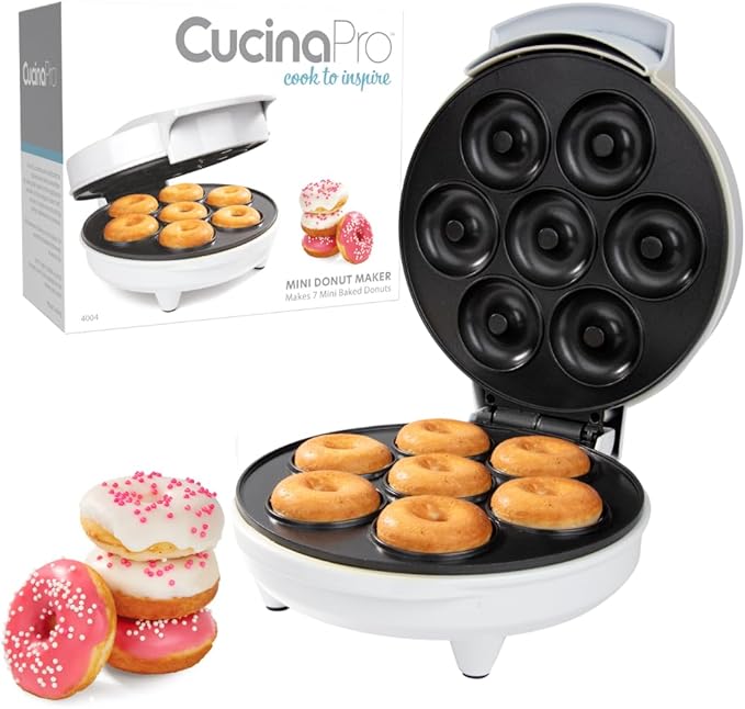 Mini Donut Maker- Electric NonStick Surface Makes 7 Small Doughnuts- Decorate Frost Ice Your Own for Kid Friendly Baked Dessert Treat- Unique Cooking Activity for Adults, Easy Bake Brunch Gift for Her