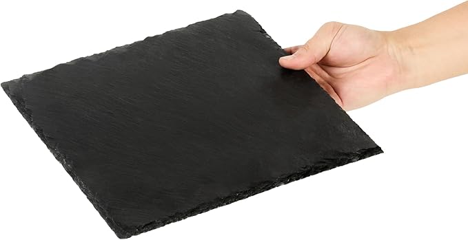 Restaurantware Slate Serving Trays 4 Pack of 10 x 10" Foam Feet Charcuterie Stone Plates Rustic Edges Freezable Black Square Serving Display Cheese Boards for Kitchen, Gourmet, Dining, Parties