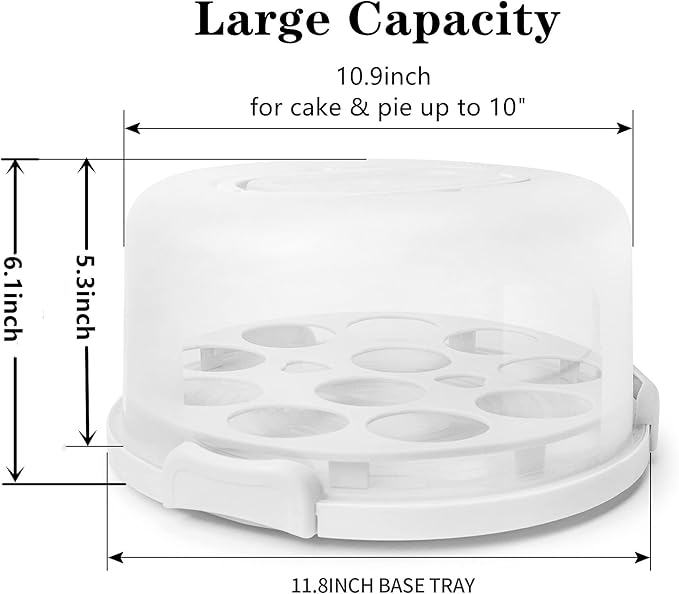 Portable Cake Carrier with Handle, Round Cupcake Holder with Lid, Plastic Storage Container Box fit 10 inch Cake, 3-Locking Muffin and Pies Keeper with Cover (White)