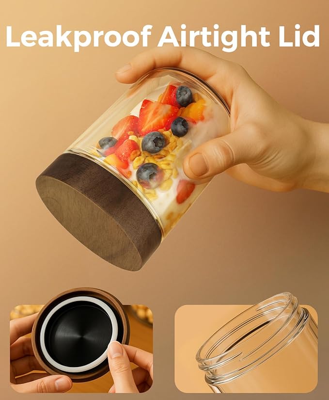 16oz 4 Pack Overnight Oats Containers with Lids, Glass Mason Jars with Acacia Wood Airtight Lids, Wide Mouth Meal Prep Storage Jars for Yogurt, Chia Pudding, Salad, Parfait, Snacks, Spice