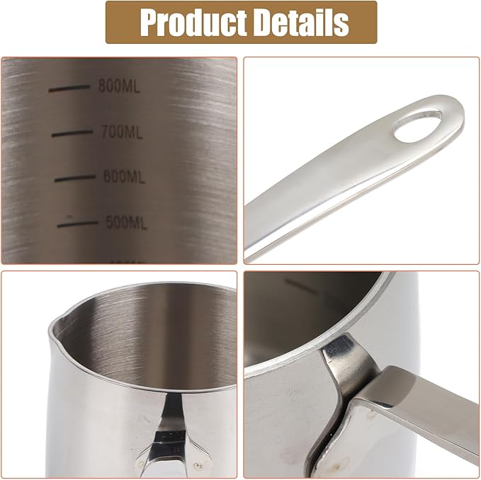 Stainless Steel Butter Warmer Pot with Scale Marks - 900ml/30.42oz Milk Heating Pot for Chocolate, Coffee, Tea - Multi-Layer Melting for Kitchen, Stovetop Safe(900ML)