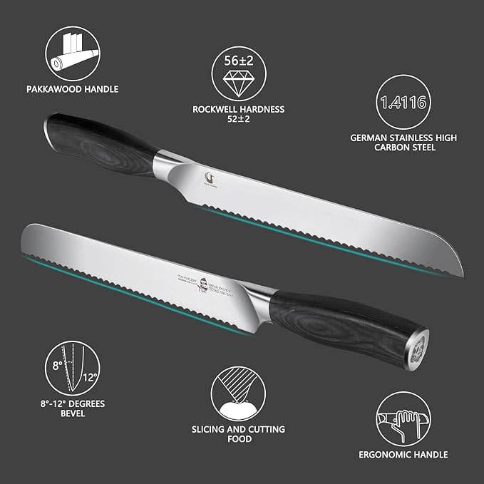 TUO Bread Knife, 9 inch Serrated Knife for Slicing Homemade Sourdough Bread,German HC Steel,Easy Grip Pakkawood Handle, Gift Box, Fiery Phoenix Series - Black