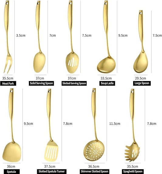 Lazycorner Kitchen Utensil Set 9-Piece Stainless Steel 304 Polished Mirror Finish Cooking Spoons, Slotted Spoon, Turner, Spatula, Pasta Spoon– Dishwasher Safe, Rust-Resistant