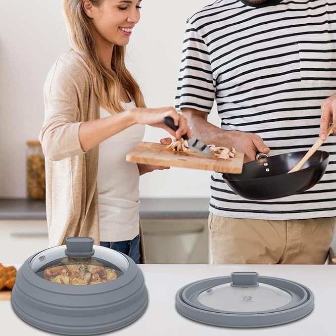 Microwave Splatter Cover Glass Splatter Guard Lid with Collapsible Silicone for Food Pot Plate Cover 10.8 inch Light Grey